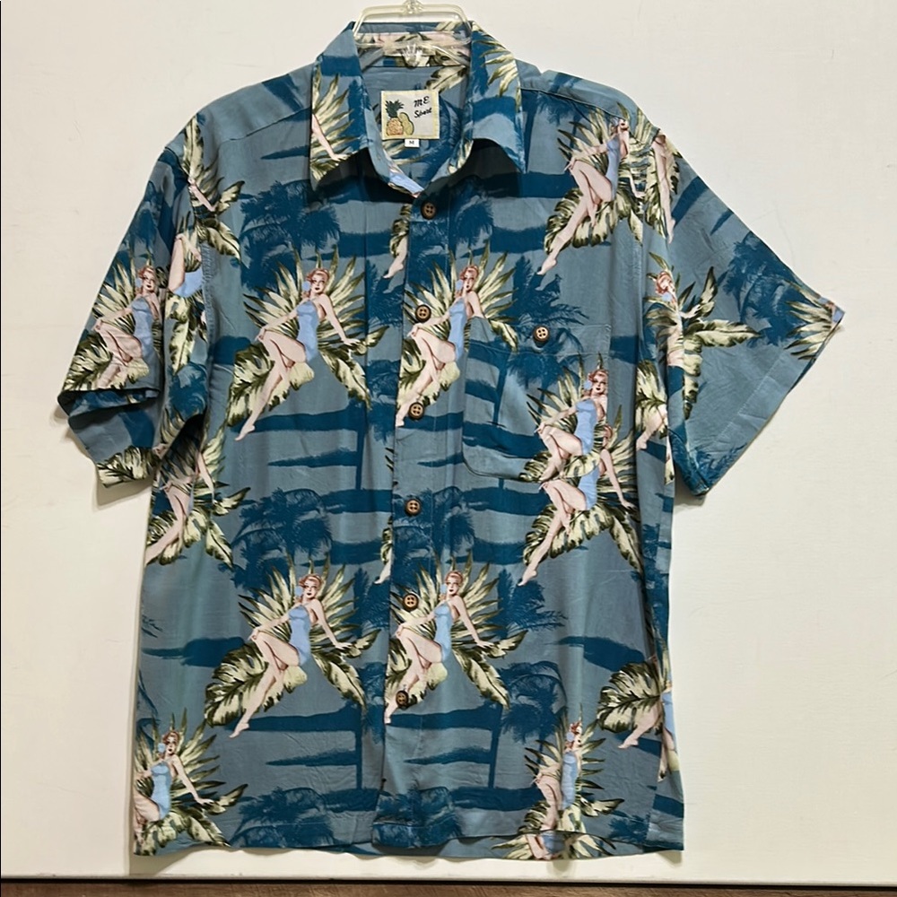 Vintage M.E. Sport Men’s Sz M Blue/ Pin-Up Graphic Shirt with Hawaiian Flair